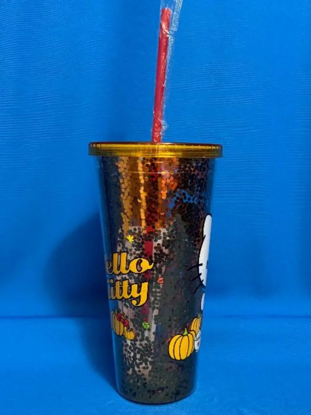 NEW HELLO KITTY PUMPKIN SPICE & PUMPKINS DOUBLE WALLED SEQUIN 32 OZ TUMBLER CUP